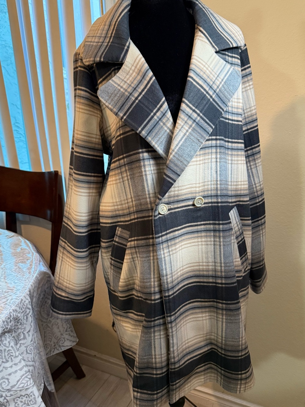 Hollister Plaid Double-Breasted Pea Coat in Cream Navy and Black